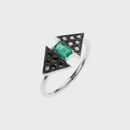 White gold band ring with black diamonds and emerald