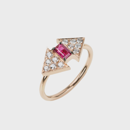 Rose gold band ring with white diamonds and ruby