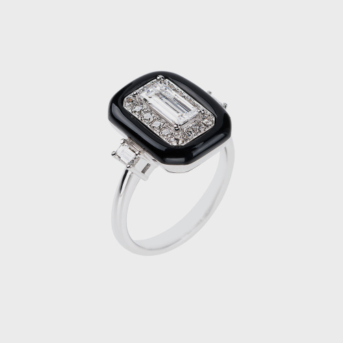White gold ring with white baguette diamond, white diamonds and black enamel