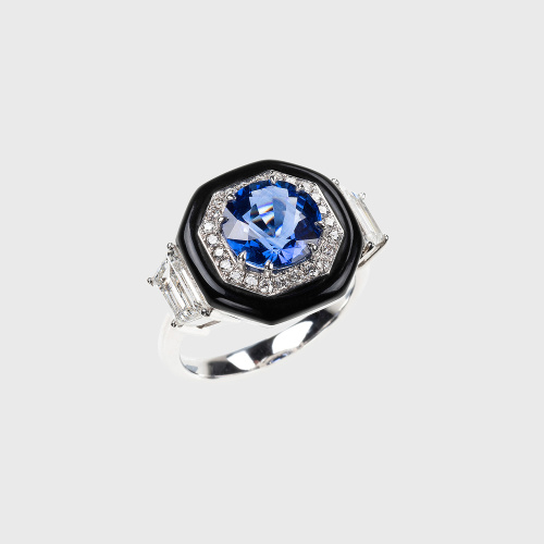 White and ring  with round blue sapphire, white diamonds and black enamel