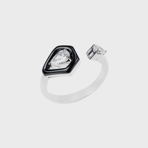 White gold open ring with white diamonds and black enamel