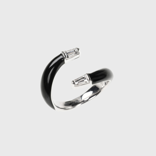 White gold open ring with tapered white diamonds and black enamel