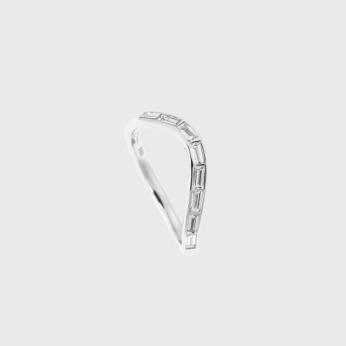 White gold wave band ring with white diamond baguettes
