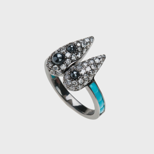Black gold ring with white diamonds, turquoise baguettes and hematites