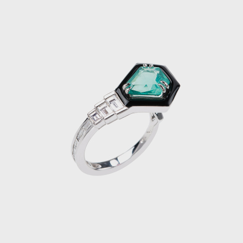 White gold open ring with white diamond baguettes, apatite and black enamel