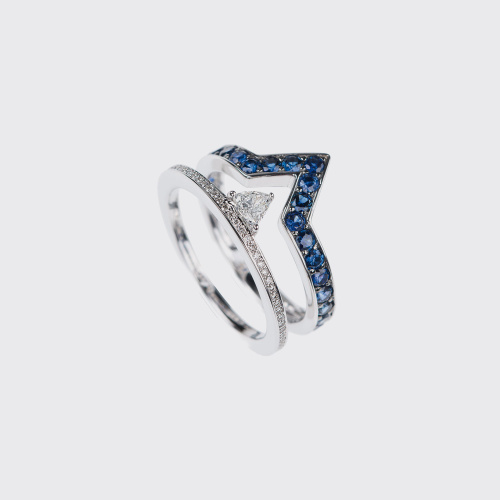White gold band ring with white diamonds and blue sapphires